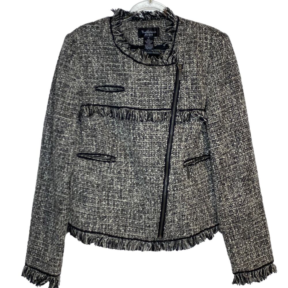 Katherine New York Womens Size Medium Black Cream Blazer Jacket Zip Up Fringe